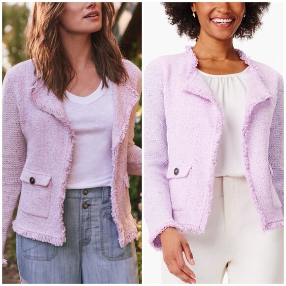 NIC+ZOE FRINGE MIX KNIT POCKET JACKET Open Front Blazer Tulip M NWT - Picture 1 of 9